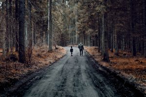 Father and son walking along a wood road.