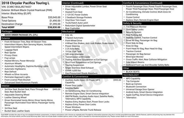 Used 2018 Chrysler Pacifica Touring L with VIN 2C4RC1BG6JR274437 for sale in Brandon Township, MI